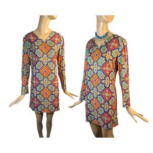 60s Mod vintage psychedelic long sleeve mini dress puff sleeve babydoll‎ dress
